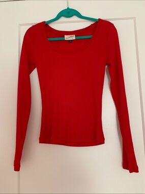 Universal Thread Red Ribbed Long Sleeve Scoop Neck Top